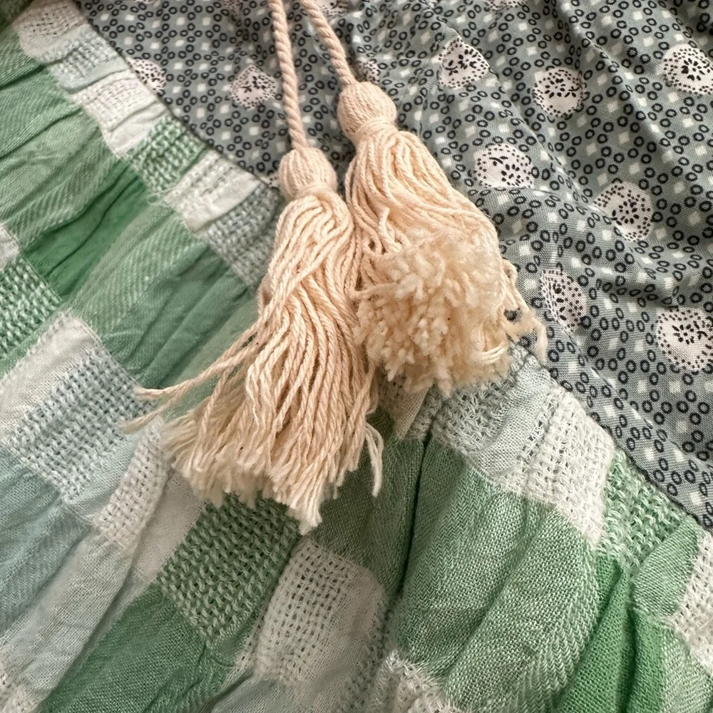 UMGEE Mint Green Woven Puff Sleeve Babydoll Dress Plaid Tassel Cotton Blend - Picture 4 of 4